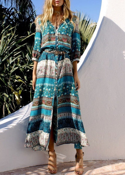 Vestido Longo Western Boho Manga 3/4 viscose leve verde étnico hippy midi