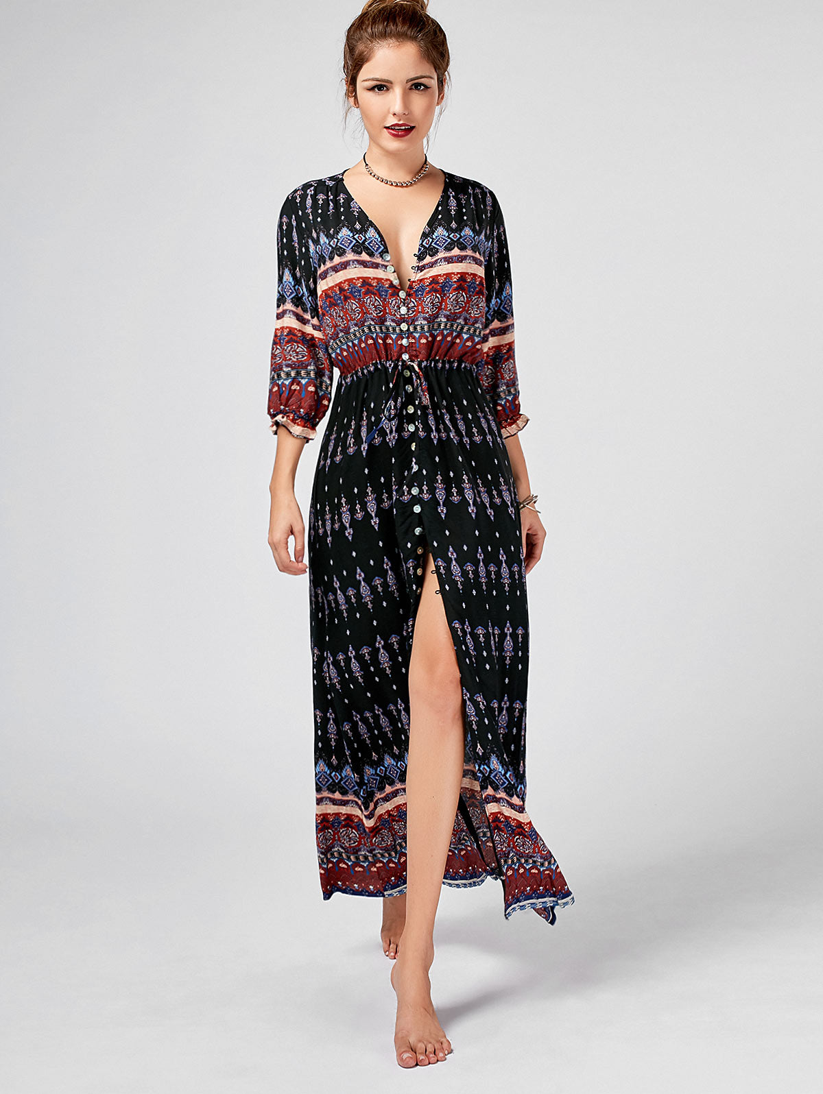 Vestido Longo Western Boho Manga 3/4 viscose leve azul marinho étnico hippy midi chemise