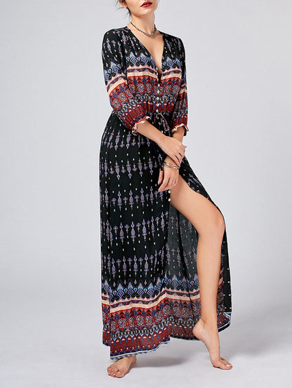 Vestido Longo Western Boho Manga 3/4 viscose leve azul marinho étnico hippy midi chemise