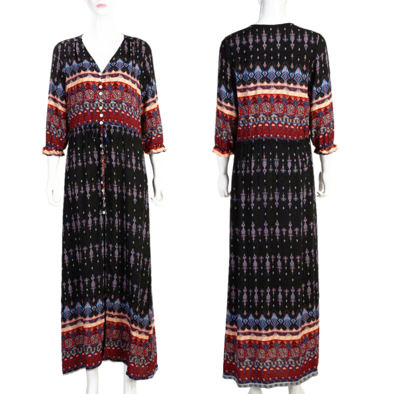 Vestido Longo Western Boho Manga 3/4 viscose leve azul marinho étnico hippy midi chemise