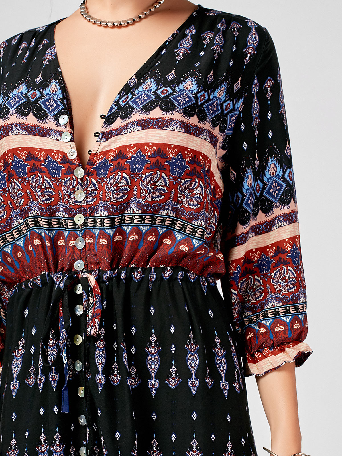 Vestido Longo Western Boho Manga 3/4 viscose leve azul marinho étnico hippy midi chemise