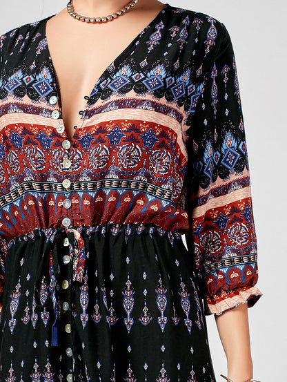 Vestido Longo Western Boho Manga 3/4 viscose leve azul marinho étnico hippy midi chemise