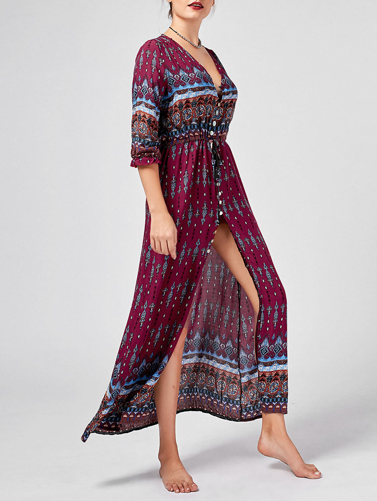 Vestido Longo Western Boho Manga 3/4 viscose leve vermelho vinho étnico hippy midi chemise