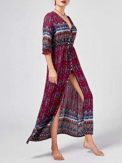 Vestido Longo Western Boho Manga 3/4 viscose leve vermelho vinho étnico hippy midi chemise