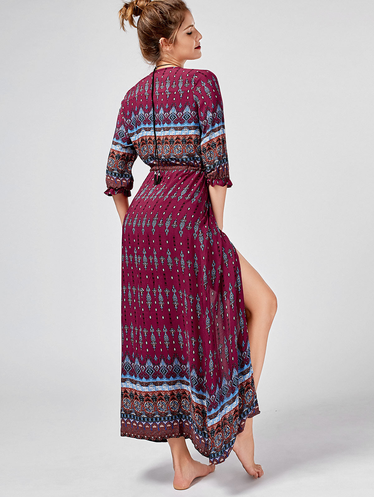 Vestido Longo Western Boho Manga 3/4 viscose leve azul marinho étnico hippy midi chemise