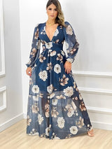 Vestido de Festa Longo Manga Longa Princesa Floral