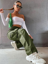 Calça Cargo Bolsos Laterais Wide Leg verde militar rave trance festival