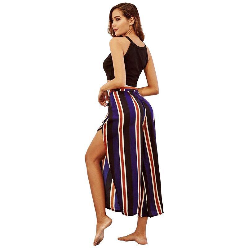 Calça Pantalona Azul Listrada c/Fendas Laterais - Loja Style Me