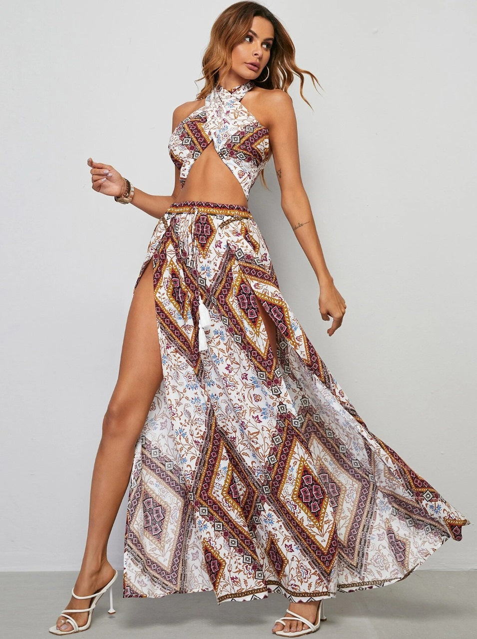 Conjunto Cropped com Saia Longa Étnico Fendas look praia Boho