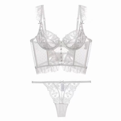 Conjunto Lingerie Sutiã Corselet de Renda Transparente branco