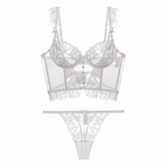 Conjunto Lingerie Sutiã Corselet de Renda Transparente branco