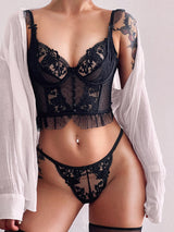 Conjunto Lingerie Sutiã Corselet de Renda Transparente preto