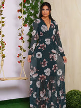 Vestido de Festa Longo Manga Longa Princesa Floral