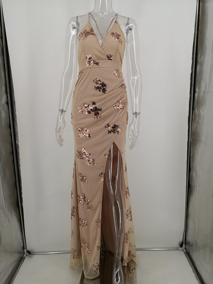 Vestido Longo de Festa Paetês c/ Fenda Decote Profundo