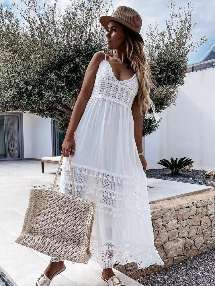 Vestido Longo Branco c/Renda Crochê Boho