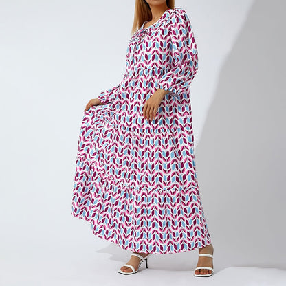 Vestido Longo Estampado Boho de Manga Ampla, P, M, G, GG, 2G, Verde/ Branco, Vermelho, Preto/Vinho, Laranja, Roxo, Verde, Branco/Azul, Azul/Roxo, Rosa, Vermelho/ Branco