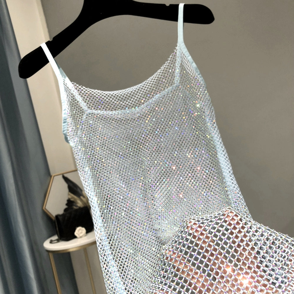 Vestido de Festa Brilhoso Rede de Cristais Alça Fina