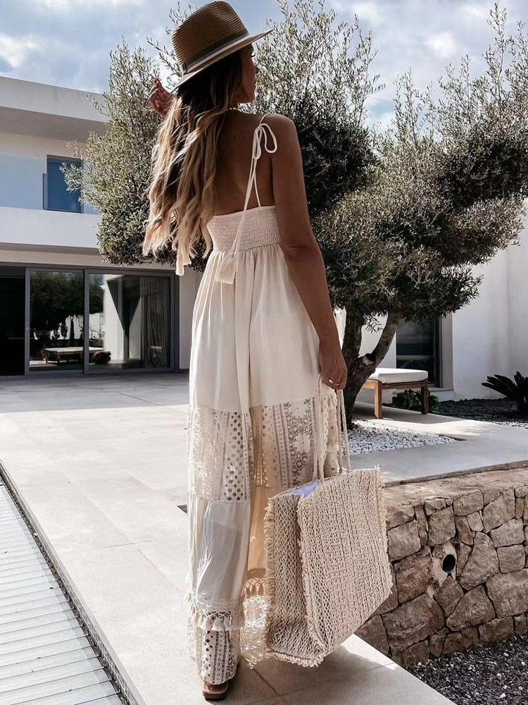 Vestido Longo Bege c/Renda Crochê Boho saída de praia