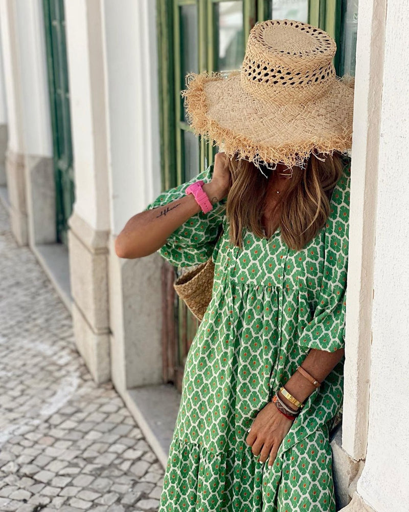 Vestido Longo Estampado Boho de Manga Ampla, P, M, G, GG, 2G, Verde/ Branco, Vermelho, Preto/Vinho, Laranja, Roxo, Verde, Branco/Azul, Azul/Roxo, Rosa, Vermelho/ Branco