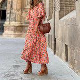 Vestido Longo Estampado Boho de Manga Ampla Laranja