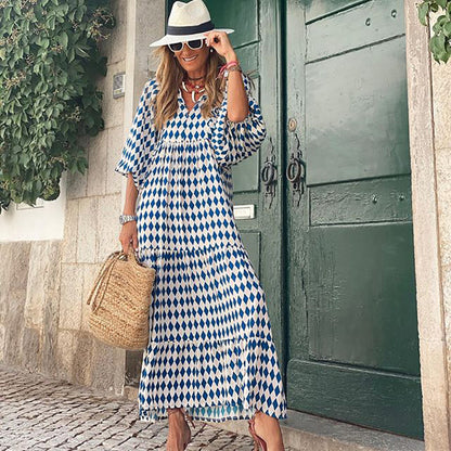 Vestido Longo Estampado Boho de Manga Ampla, P, M, G, GG, 2G, Verde/ Branco, Vermelho, Preto/Vinho, Laranja, Roxo, Verde, Branco/Azul, Azul/Roxo, Rosa, Vermelho/ Branco