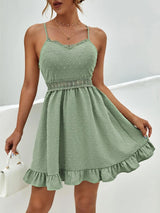 Vestido de Verão Curto Babados Verde Alcinha cintura de renda