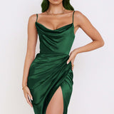 Vestido de Festa Midi Cetim Fenda Alcinha verde esmeralda
