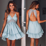 Vestido curto c/ Renda Crochê Costas Nuas azul claro