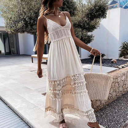 Vestido Longo creme c/Renda Crochê Boho saída de praia