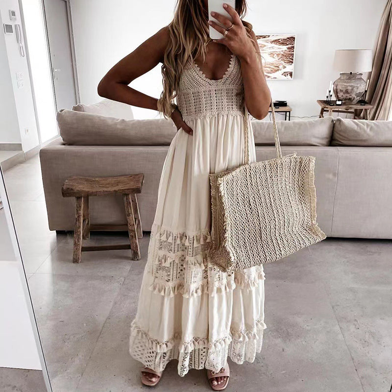 Vestido Longo Bege c/Renda Crochê Boho