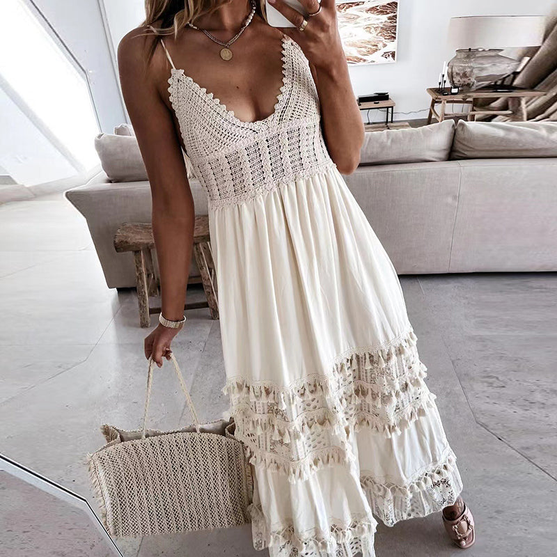 Vestido Longo Bege c/Renda Crochê Boho com detalhes