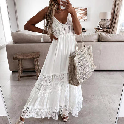 Vestido Longo Branco c/Renda Crochê Boho