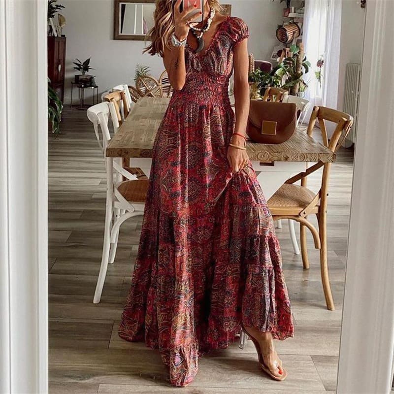 Vestido Longo Estampado Boho Paisley de Manga Curta Acinturado, P, M, G, GG, 2G, 3G, Bordô