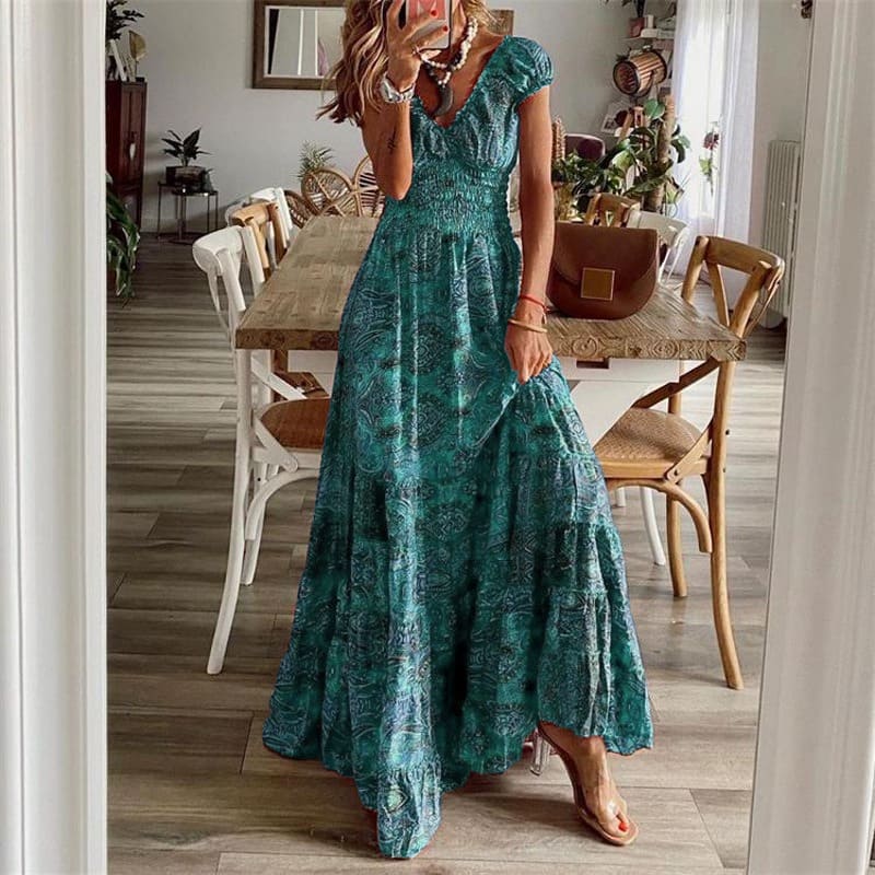 Vestido Longo Estampado Paisley Boho de Manga Curta Acinturado, P, M, G, GG, 2G, 3G, Verde