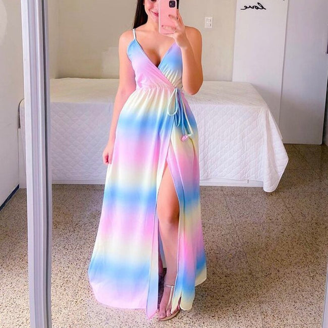 Vestido longo azul e rosa 2025