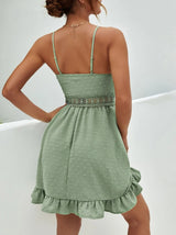 Vestido de Verão Curto Babados Verde Alcinha cintura de renda