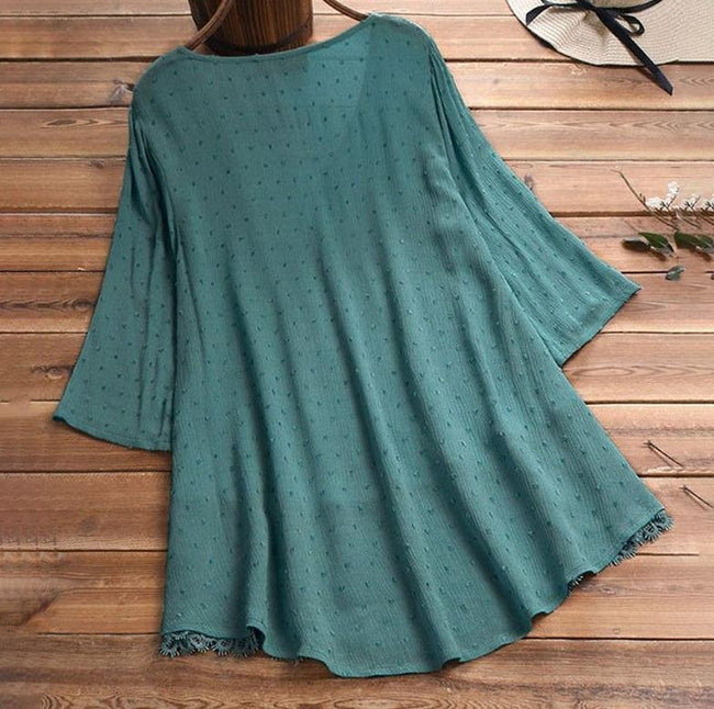 Túnica bata com renda de algodão de manga decote V verde