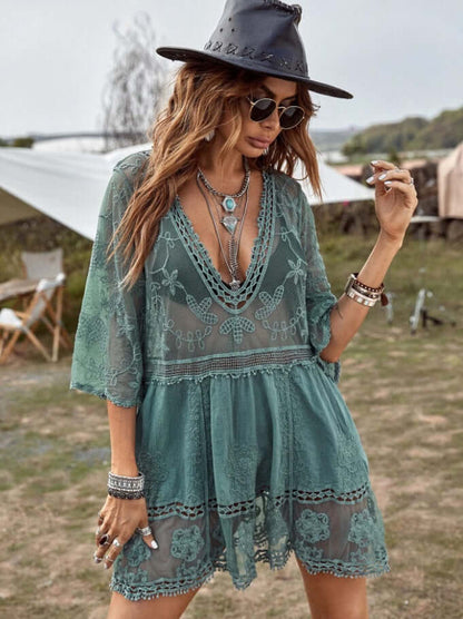 Bata-Vestido Boho c/ Renda Transparências Festival | Saída de Praia