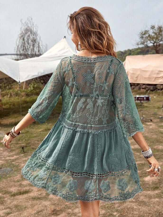 Bata-Vestido Boho c/ Renda Transparências Festival | Saída de Praia