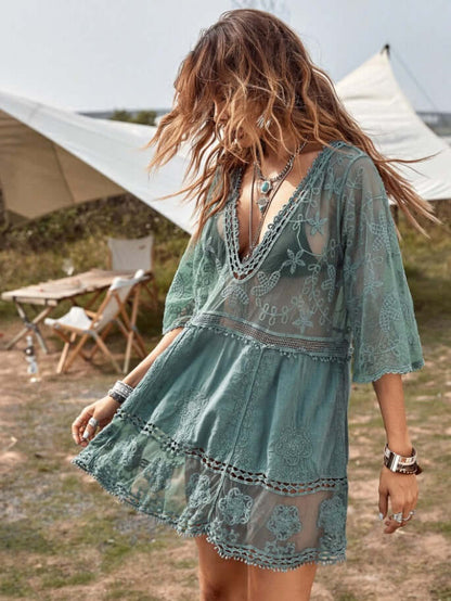 Bata-Vestido Boho c/ Renda Transparências Festival | Saída de Praia