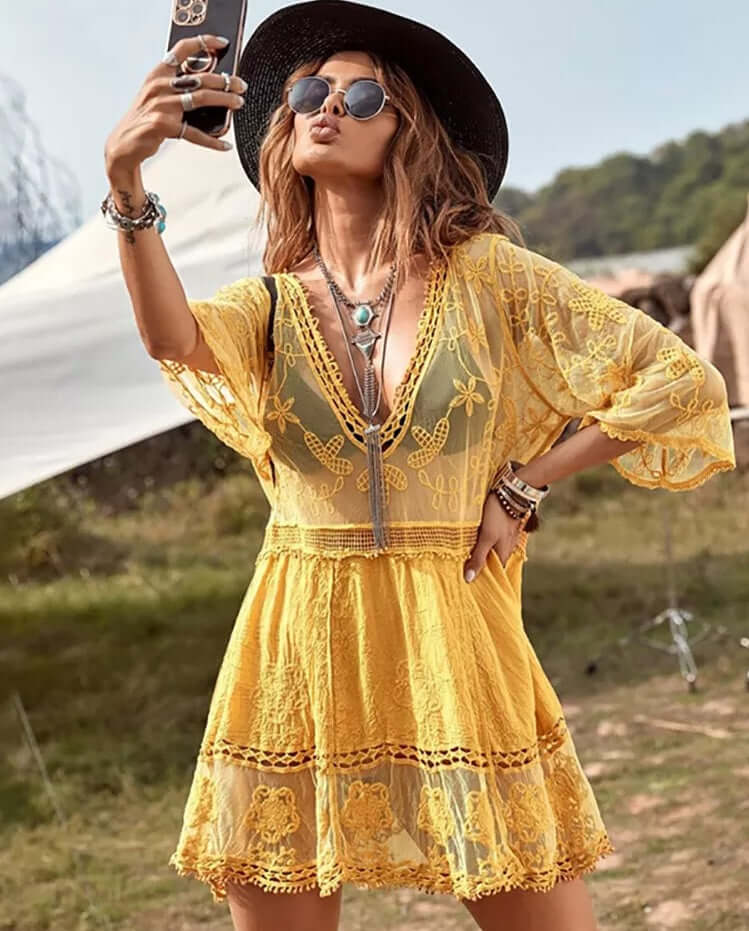 Bata-Vestido Boho c/ Renda Transparências Festival | Saída de Praia