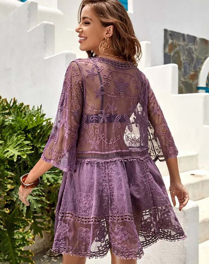 Bata-Vestido Boho c/ Renda Transparências Festival | Saída de Praia