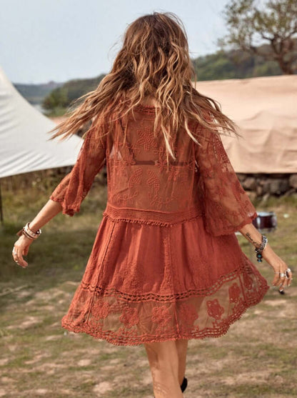 Bata-Vestido Boho c/ Renda Transparências Festival | Saída de Praia