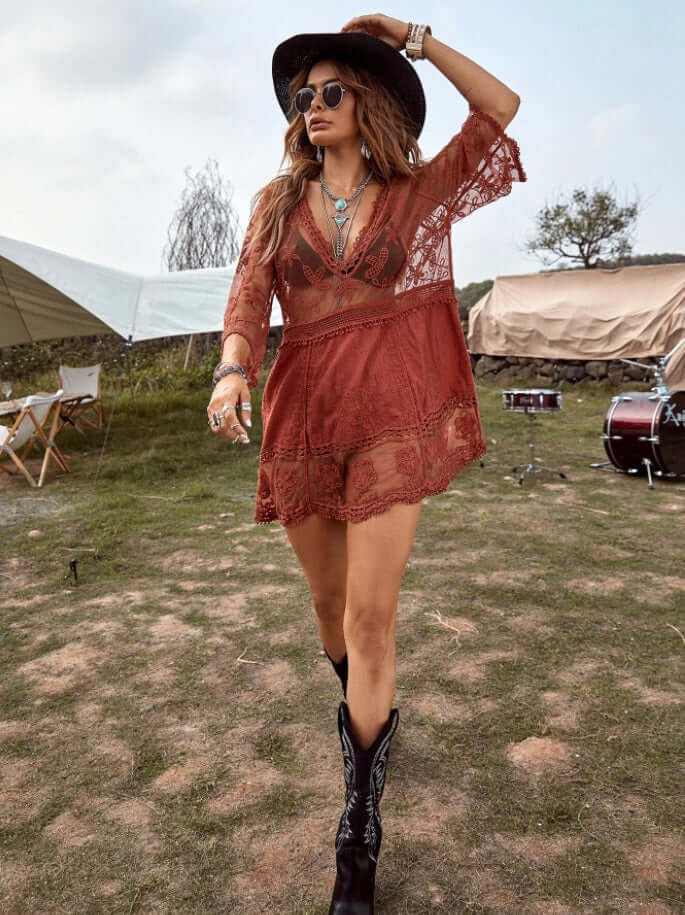 Bata-Vestido Boho c/ Renda Transparências Festival | Saída de Praia