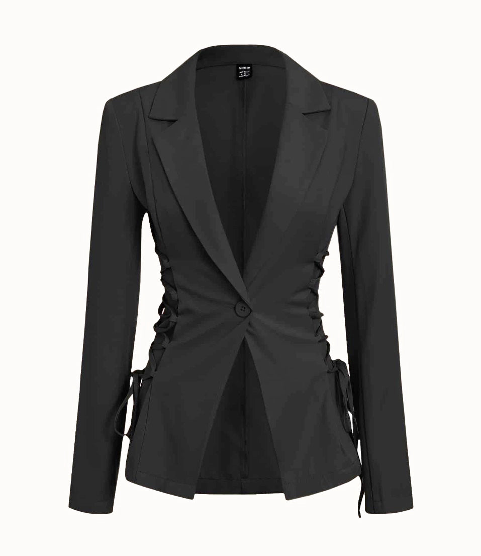 Blazer Alfaiataria Acinturado Trançado Ajuste Perfeito preto elegante office