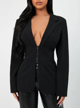 Blazer feminino preto Acinturado com Zíper Decotado sexy Decote Profundo