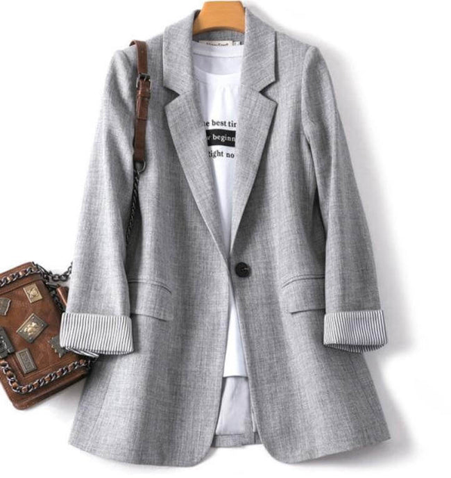 Blazer Longo Botão Manga Listrada alfaiataria cinza