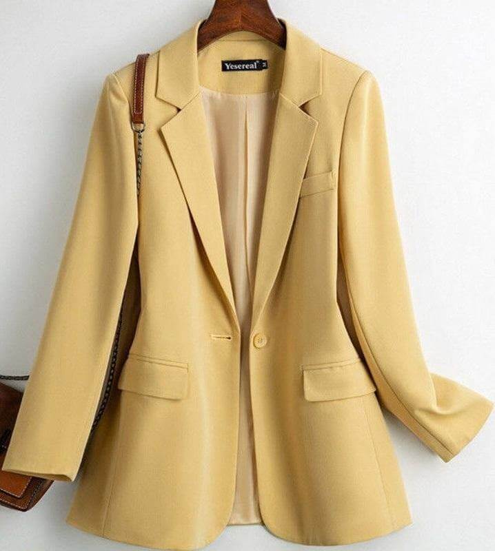 Blazer Longo Alfaiataria Clássico Botão Bolsos Amarelo