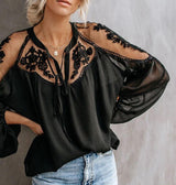 Blusa Bordada preta Transparências ombros de fora manga princesa