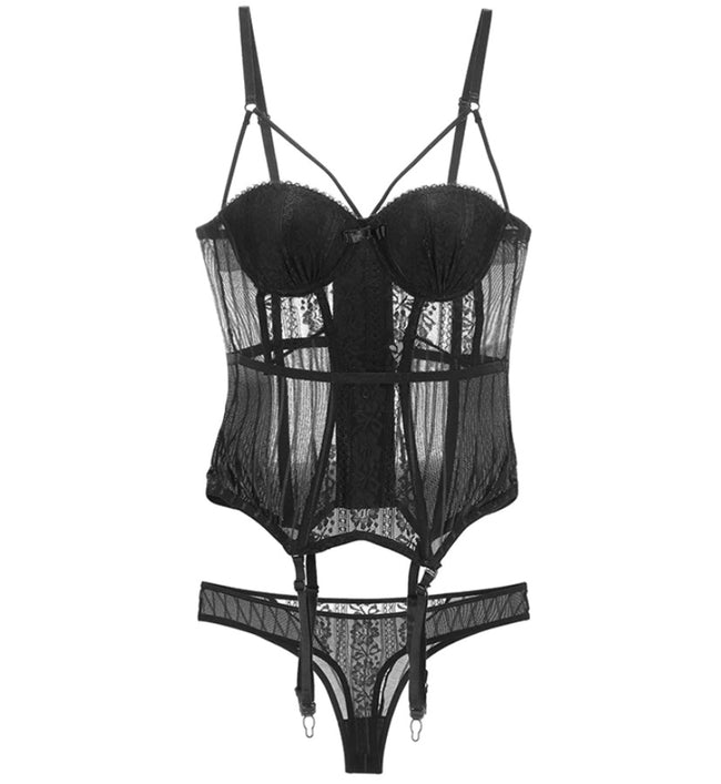 Corset de Renda Sensual Strappy c/Cinta-Liga preto
